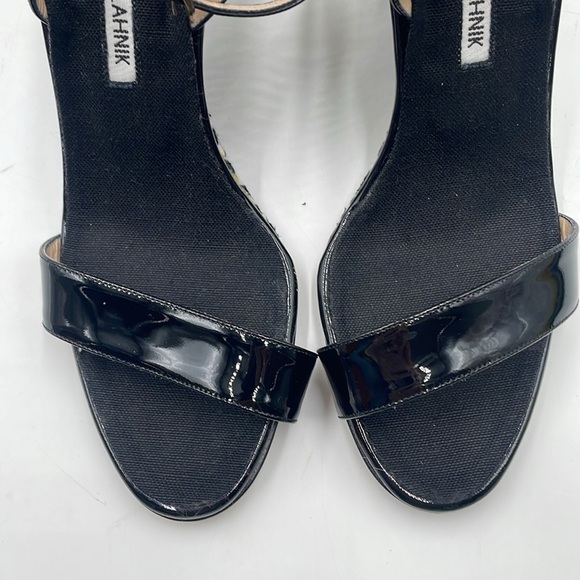 Manolo Blahnik Gorgeous Ribera Black Patent Leather Woven Wedge Anklet Sandles - Picture 3 of 12